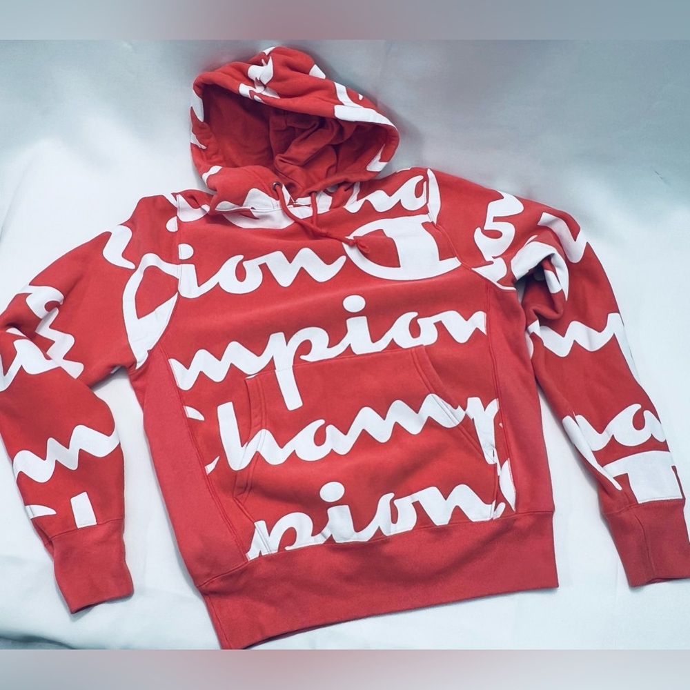 Champion Vintage Y2K Reverse Weave All Over Print Hoodie in Coral Size Small EUC - Picture 3 of 9